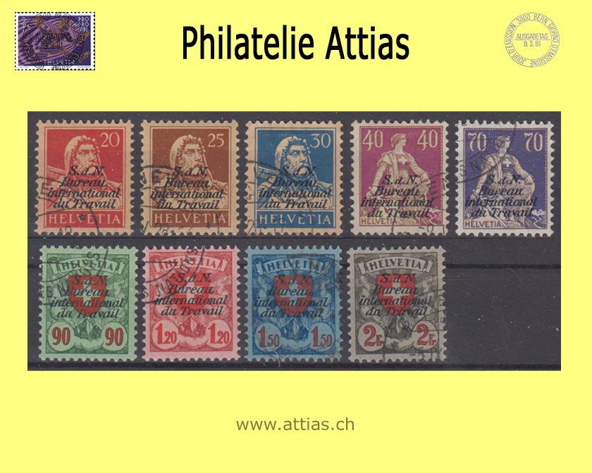 CH 1924-28 DIV 15-23 Postage stamps - different representations with overprint "S.d.N. Bureau international du Travail", smooth paper Set cancelled