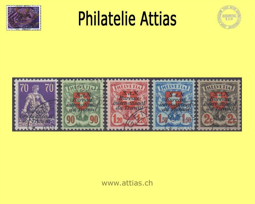 CH 1936-37 DIV 19-23z Postage stamps - Helvetia with sword/coat of arms pattern with overprint "S.d.N. Bureau international du Travail", Chalk paper, corrugated paper Set cancelled