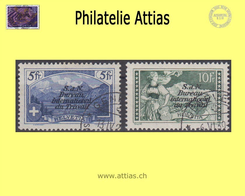 CH 1928-30 DIV 29-30 Mountain landscapes (copperplate printing) with overprint "S.d.N. Bureau international du Travail", values cancelled