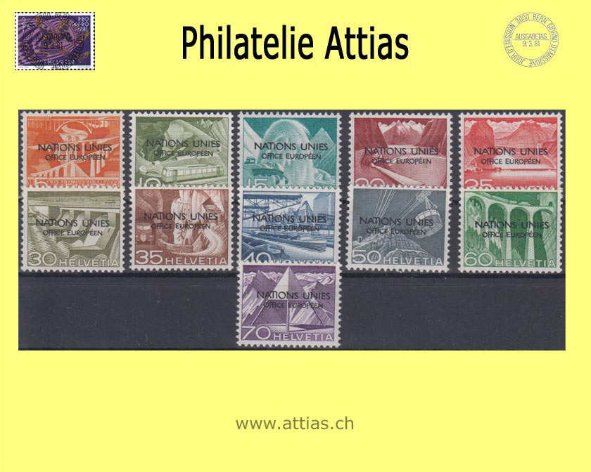 CH 1950 DVII 1-11 Technology and landscape with overprint "Nations Unies - Office Européen", Subset MNH
