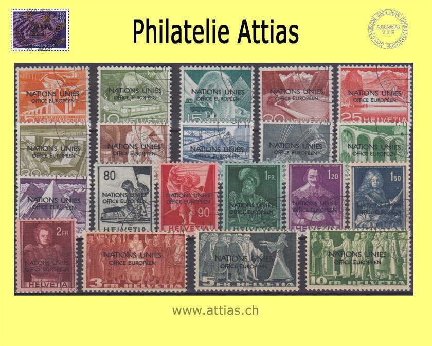 CH 1950 DVII 1-20 Technology and landscape, historical pictures, symbolic representations with overprint "Nations Unies - Office Européen", Set cancelled