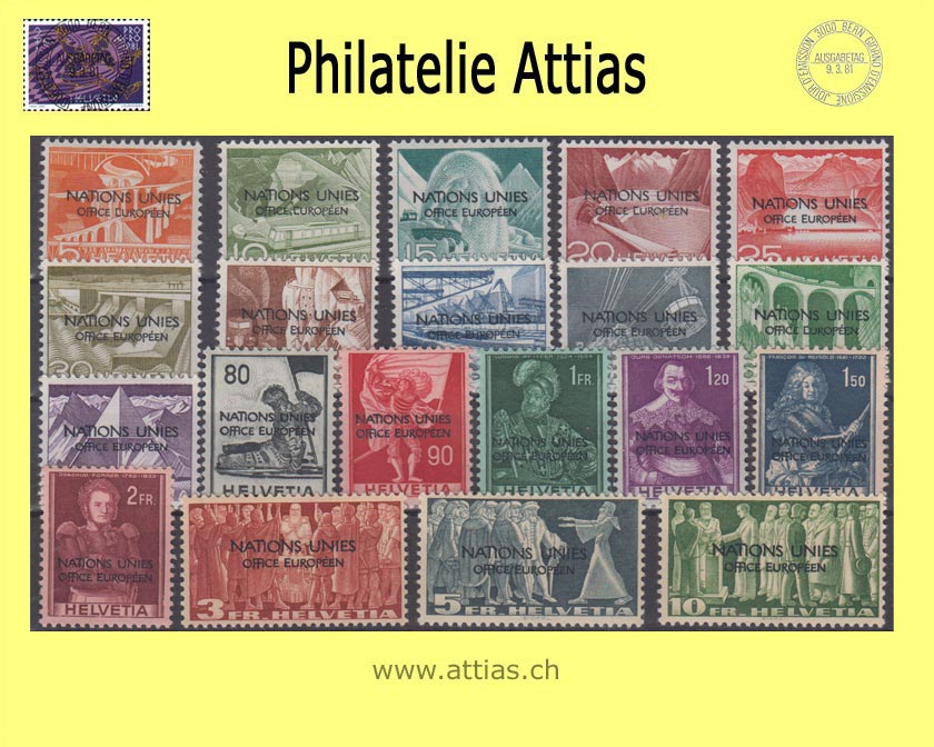 CH 1950 DVII 1-20 Technology and landscape, historical pictures, symbolic representations with overprint "Nations Unies - Office Européen", Set MNH