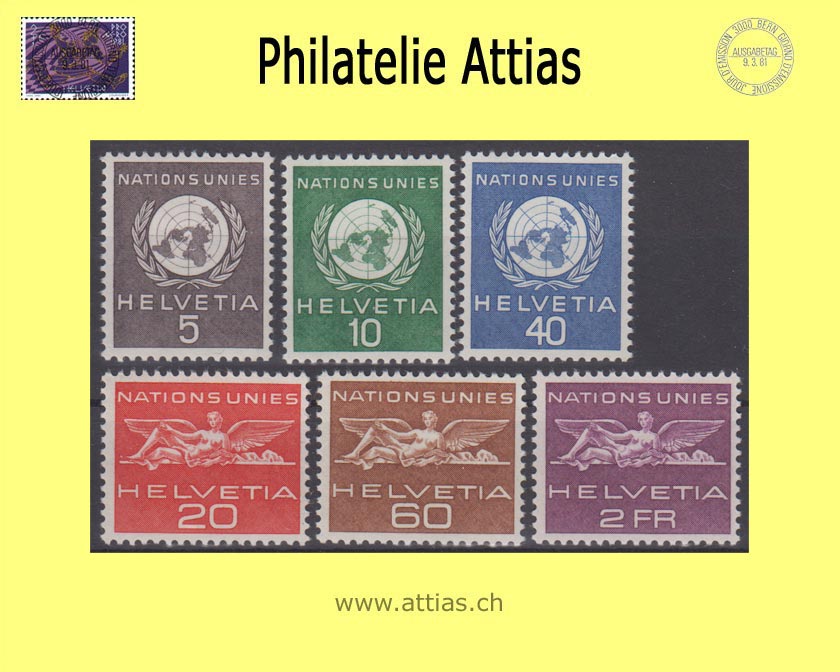 CH 1955 DVII 22-27 UNO signet and winged figure, set MNH