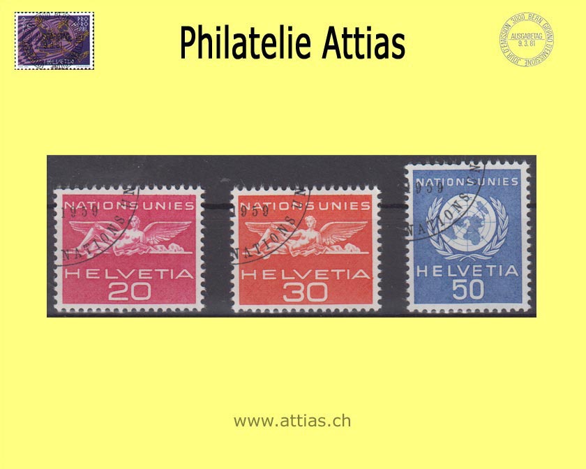 CH 1959 DVII 28-30 UNO signet and winged figure, color change and supplementary values, set cancelled