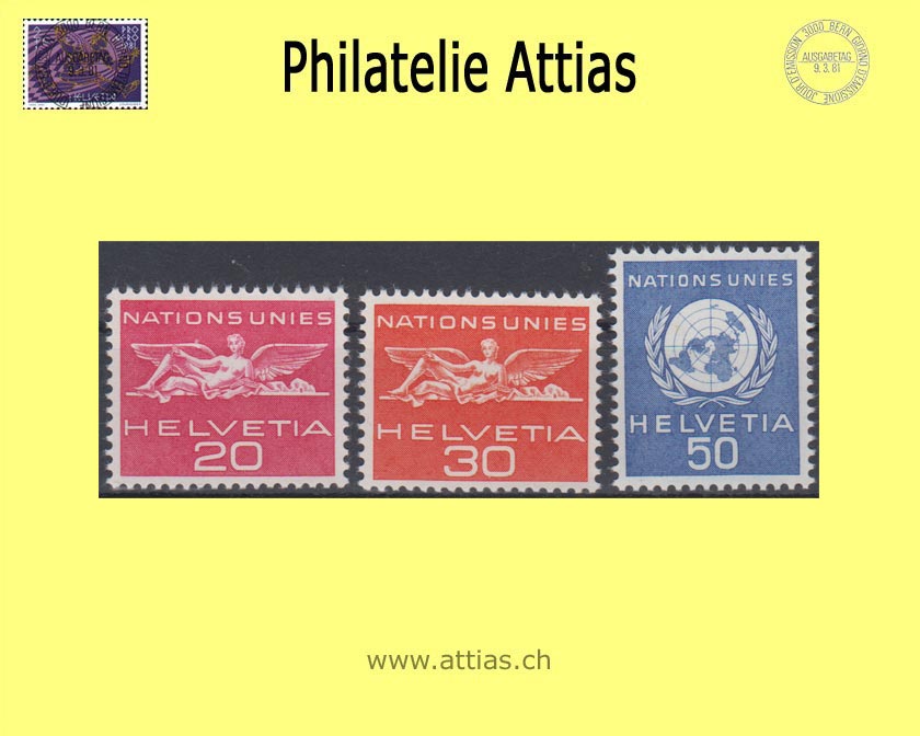 CH 1959 DVII 28-30 UNO signet and winged figure, color change and supplementary values, set MNH