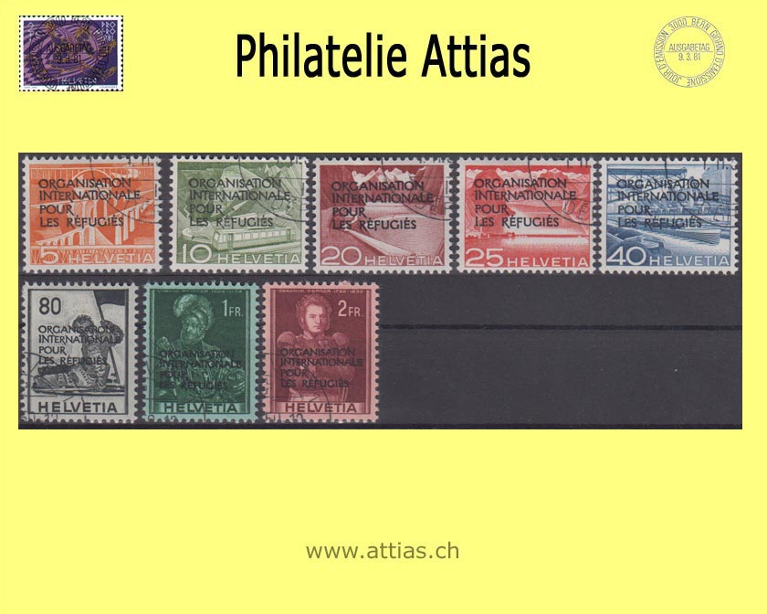 CH 1950 DVIII 1-8 Technology and landscape & historical pictures with overprint "Organisation internationale pour les refugés", cancelled