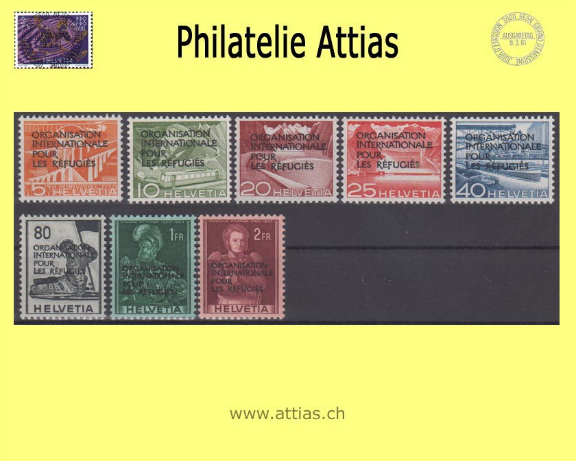 CH 1950 DVIII 1-8 Technology and landscape and historical pictures with overprint "Organisation internationale pour les refugés", Set MNH