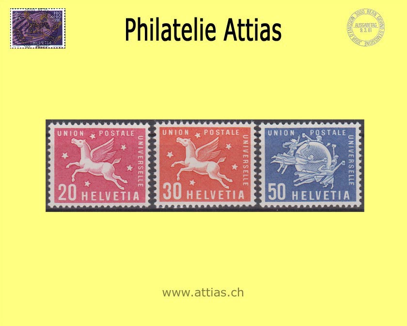 CH 1960 DX 7-9 Symbolic representations and Universal Postal Monument, color change and supplementary values, Set MNH