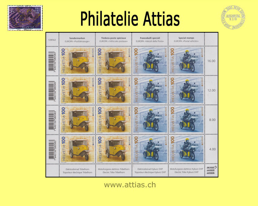 CH 2013 EUROPE Postal vehicles - connected stamp sheet - MNH