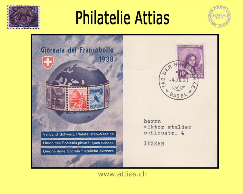 CH 1938 Stamp Day Basel BS, card italian cancelled 4.XII.38 Basel