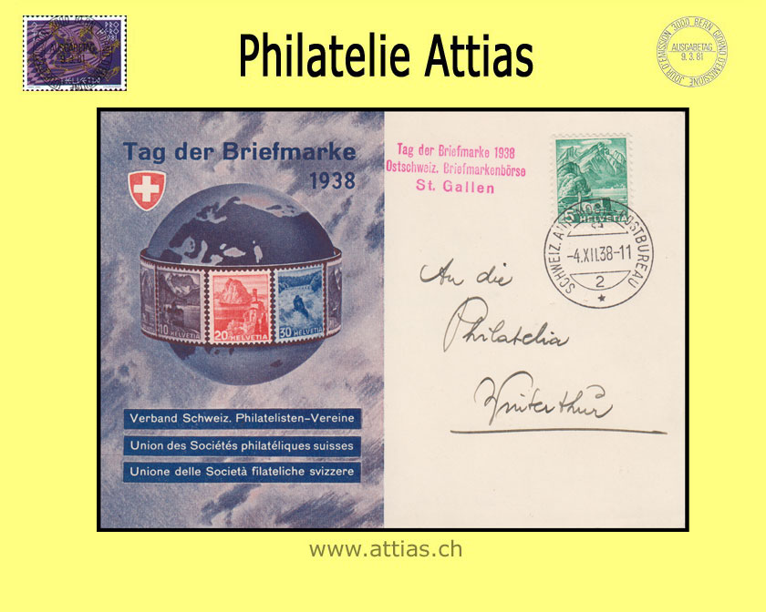 CH 1938 Stamp Day Basel BS, card german with Automobil-Postbüro & red add-on cancellation St.Gallen