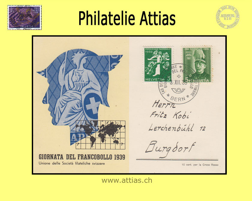 CH 1939 Stamp Day Bern BE, card italian (blue/black)  cancelled 3.XII.39 Bern
