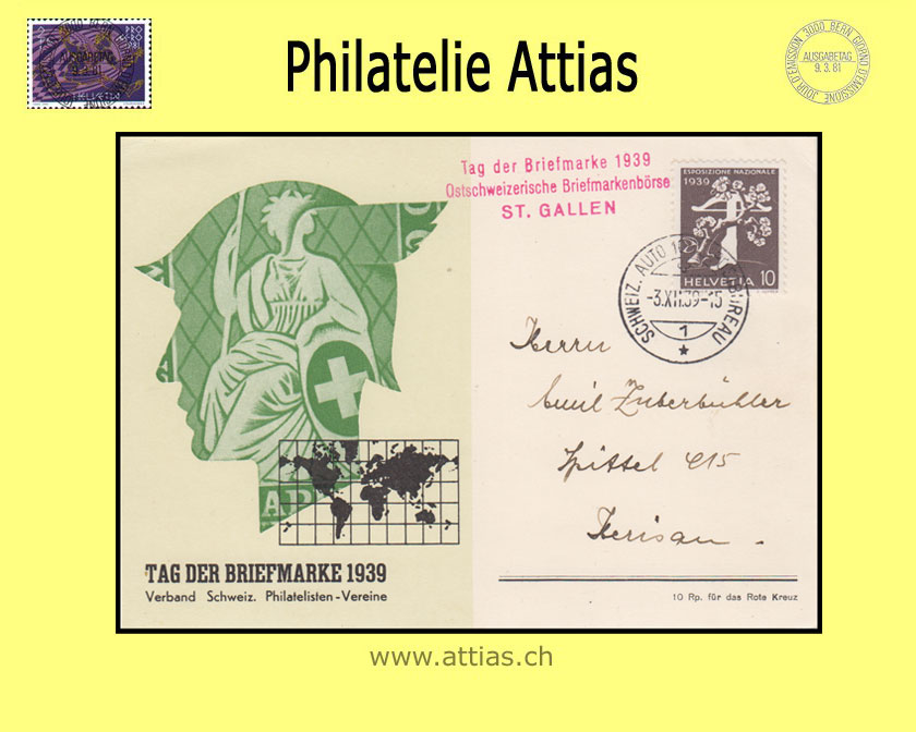 CH 1939 Stamp Day Bern BE, card german (green/black) with Automobil-Postbüro & red add-on cancellation St.Gallen