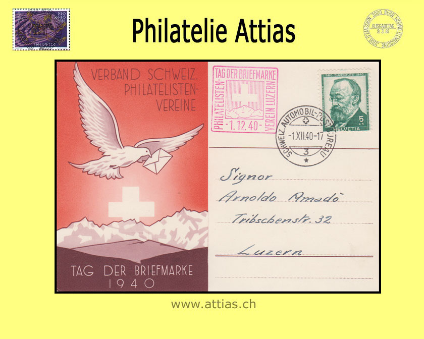 CH 1940 Stamp Day St.Gallen SG, card german with Automobil-Postbüro cancellation and red add-on cancellation Lucerme