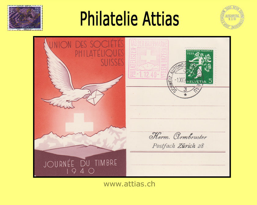 CH 1940 Stamp Day St.Gallen SG, card french with Automobil-Postbüro cancellation and red add-on cancellation Lucerme