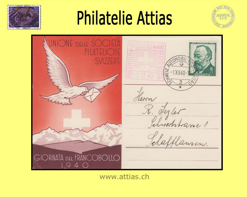 CH 1940 Stamp Day St.Gallen SG, card italian with Automobil-Postbüro cancellation and red add-on cancellation Lucerme