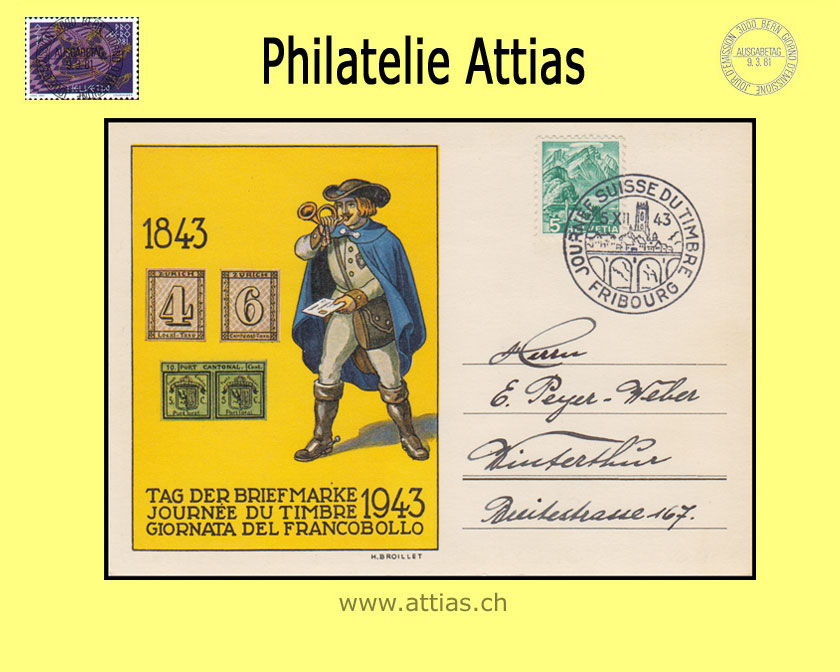 CH 1943 Stamp Day Fribourg FR, card cancelled 5.XII.43 Fribourg