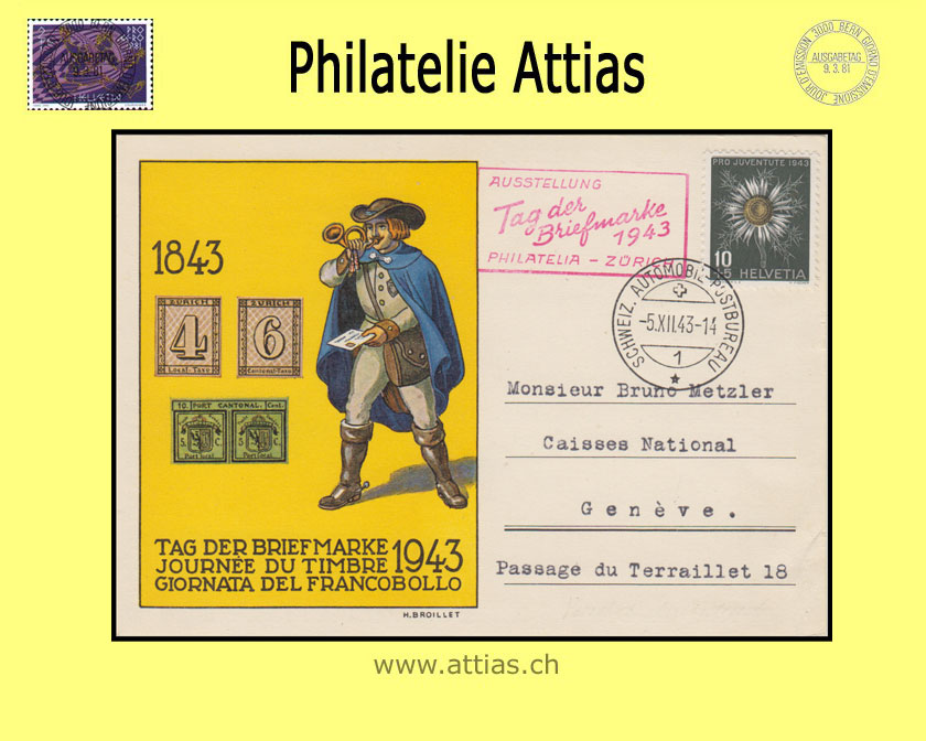 CH 1943 Stamp Day Fribourg FR, card with Automobil-Postbüro cancellation and red add-on cancellation Zurich
