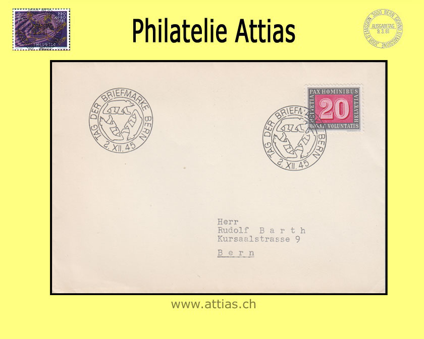 CH 1945 Stamp Day Bern BE, cover cancelled 2.XII.45 Bern