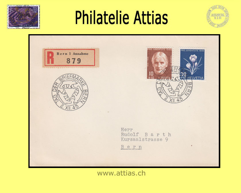 CH 1945 Stamp Day Bern BE, cover cancelled 2.XII.45 Bern - registered mail