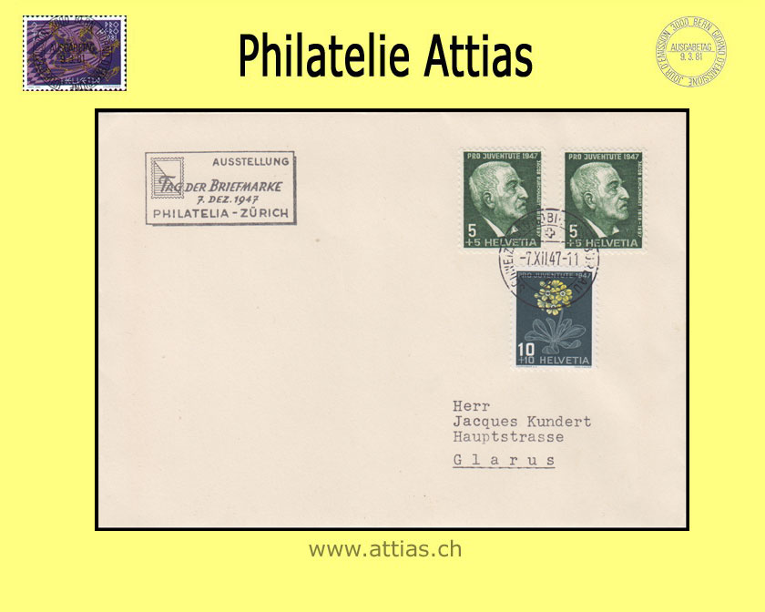 CH 1947 Stamp Day Lucerne LU, cover with Automobil-Postbüro cancellation and add-on cancellation Philatelia Zürich