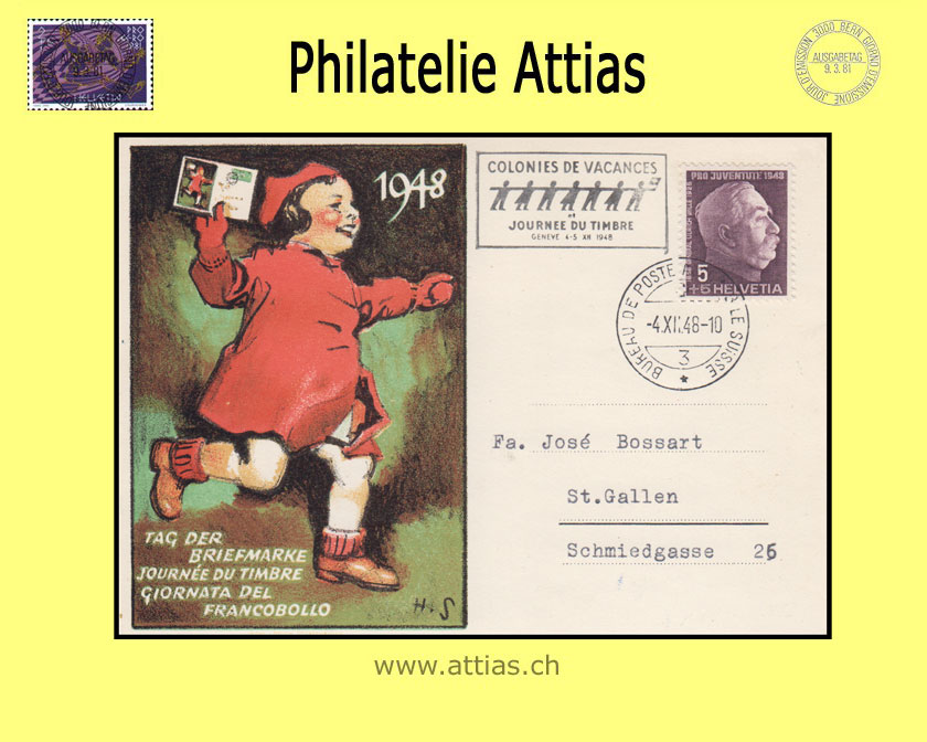 CH 1948 Stamp Day Schaffhausen SH, card cancelled 4.XII.48 with Automobil-Postbüro and add-on cancellation Geneve