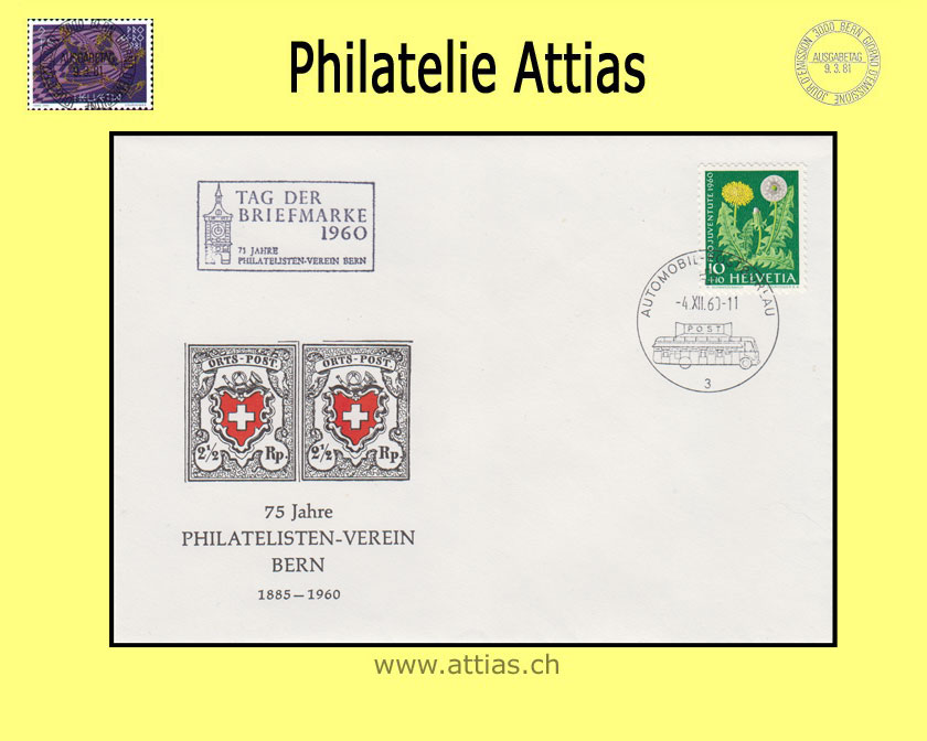 CH 1960 Stamp Day Bern BE, society cover cancelled 4.XII.60 with Automobil-Postbüro and add-on cancellation Tag der Briefmarke
