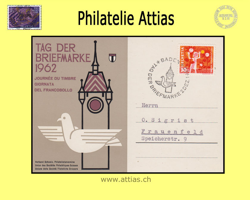 CH 1962 Stamp Day Baden AG, card cancelled 2.XII.62 Baden