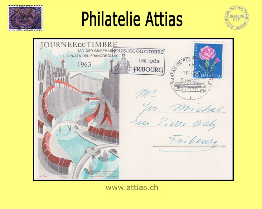 CH 1963 Stamp Day Fribourg FR, card cancelled 1.XII.63 Fribourg with Automobil-Postbüro and add-on cancellation JdT