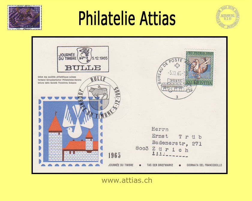 CH 1965 Stamp Day Bulle FR, card cancelled 5.XII.65 with Automobil-Postbüro and add-on cancellation Journée du Timbre