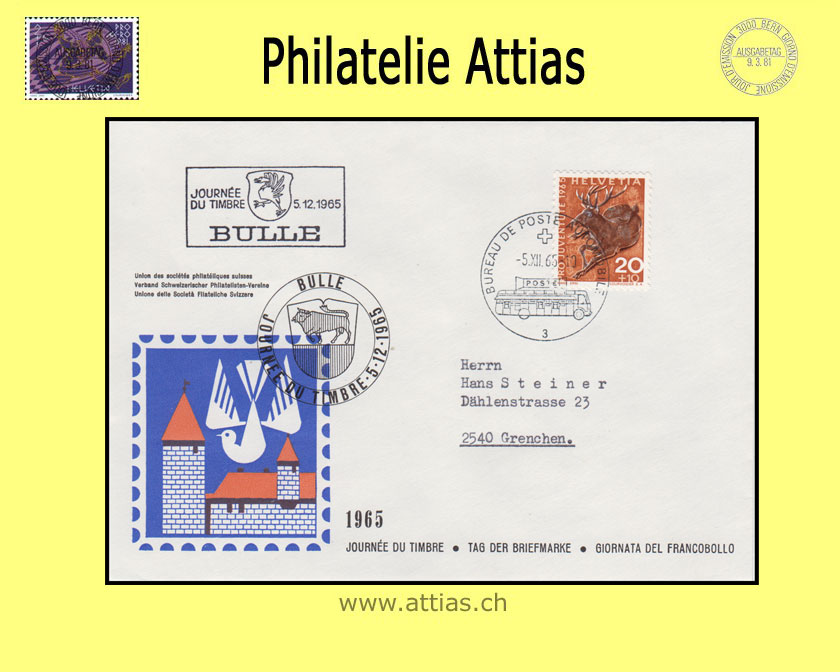 CH 1965 Stamp Day Bulle FR, cover cancelled 5.XII.65 with Automobil-Postbüro and add-on cancellation Journée du Timbre