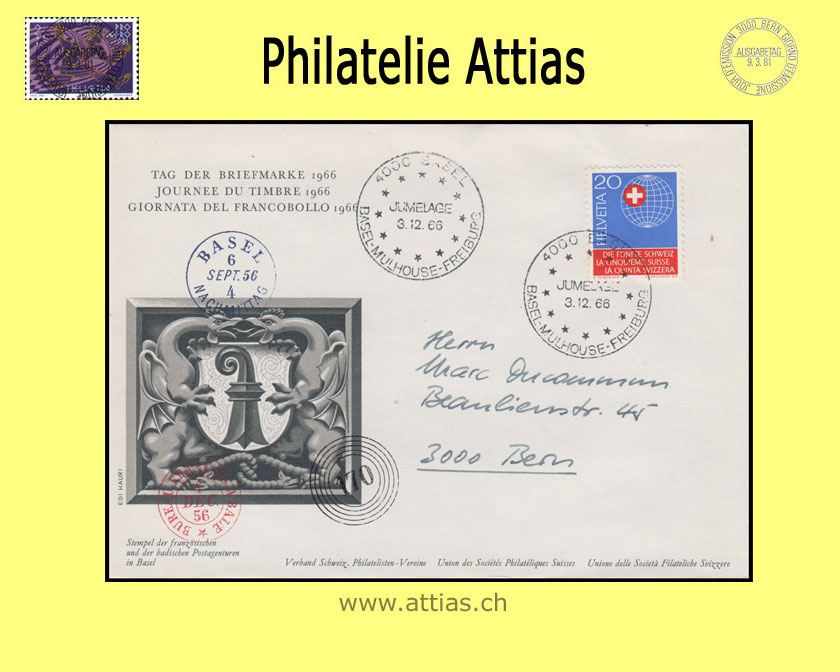 CH 1966 Stamp Day Basel BS, cover cancelled 3.12.66 4000 Basel JUMELAGE
