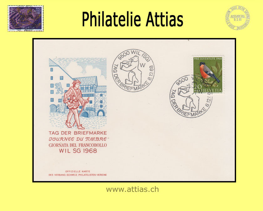 CH 1968 Stamp Day Wil SG, card cancelled 8.12.68 9500 Wil (SG)