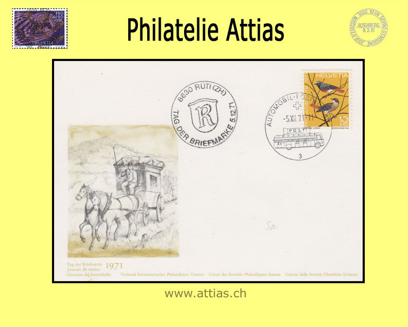 CH 1971 Stamp Day Rüti ZH, card cancelled 5.XII.71 Automobil-Postbureau und Zusatzstempel 8630 Rüti (ZH)