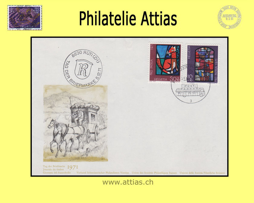 CH 1971 Stamp Day Rüti ZH, cover cancelled 5.XII.71 Automobil-Postbureau und Zusatzstempel 8630 Rüti (ZH)