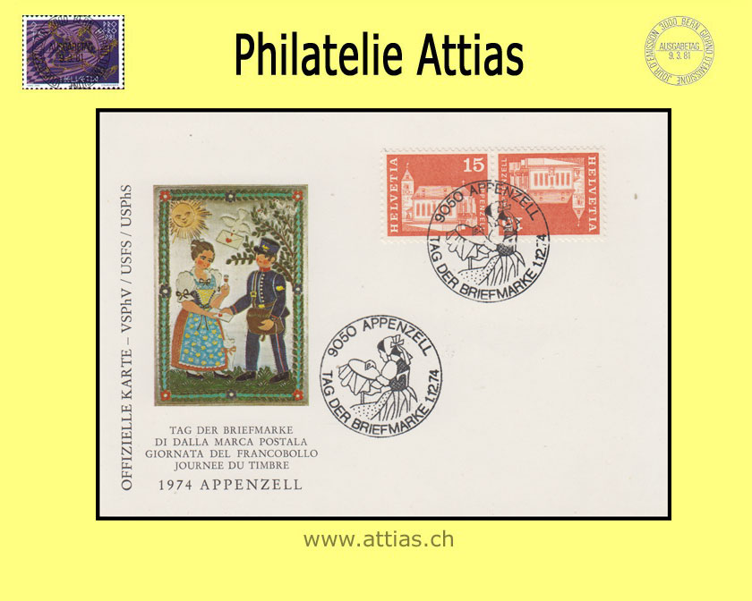 CH 1974 Stamp Day Appenzell AI, card cancelled 1.12.74 9050 Appenzell