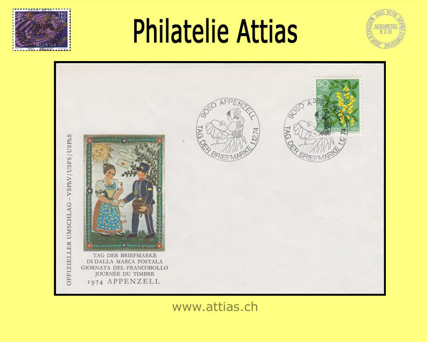 CH 1974 Stamp Day Appenzell AI, cover cancelled 1.12.74 9050 Appenzell