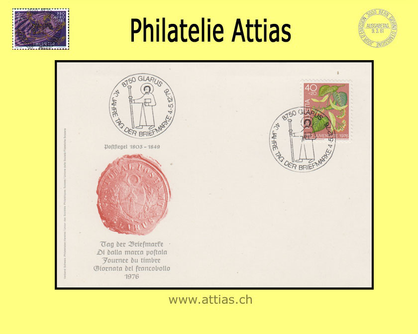 CH 1976 Stamp Day Glarus GL, card cancelled 4.-5.12.76 8750 Glarus