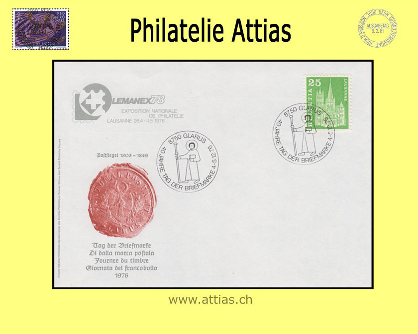 CH 1976 Stamp Day Glarus GL, cover cancelled 4.-5.12.76 8750 Glarus with imprint LEMANEX