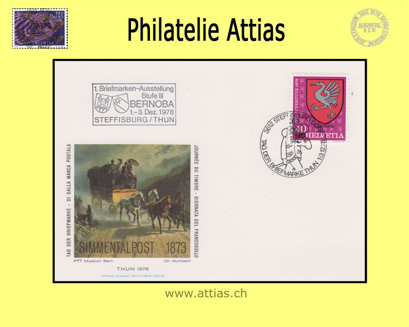 CH 1978 Stamp Day Thun BE, card cancelled 1.-3.12.78 3612 Steffisburg Dorf with add-on cancellation