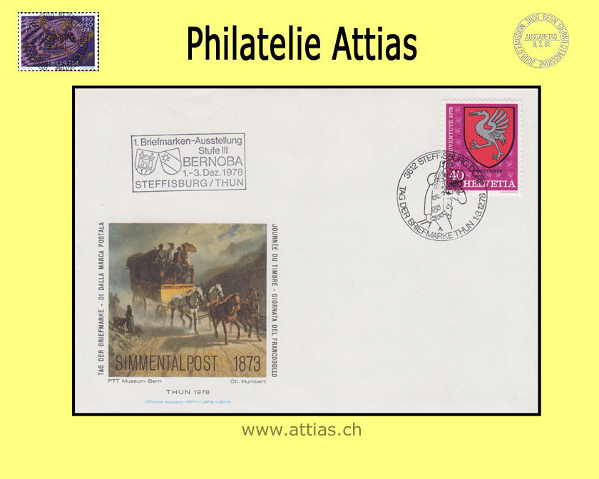 CH 1978 Stamp Day Thun BE, cover cancelled 1.-3.12.78 3612 Steffisburg Dorf with add-on cancellation