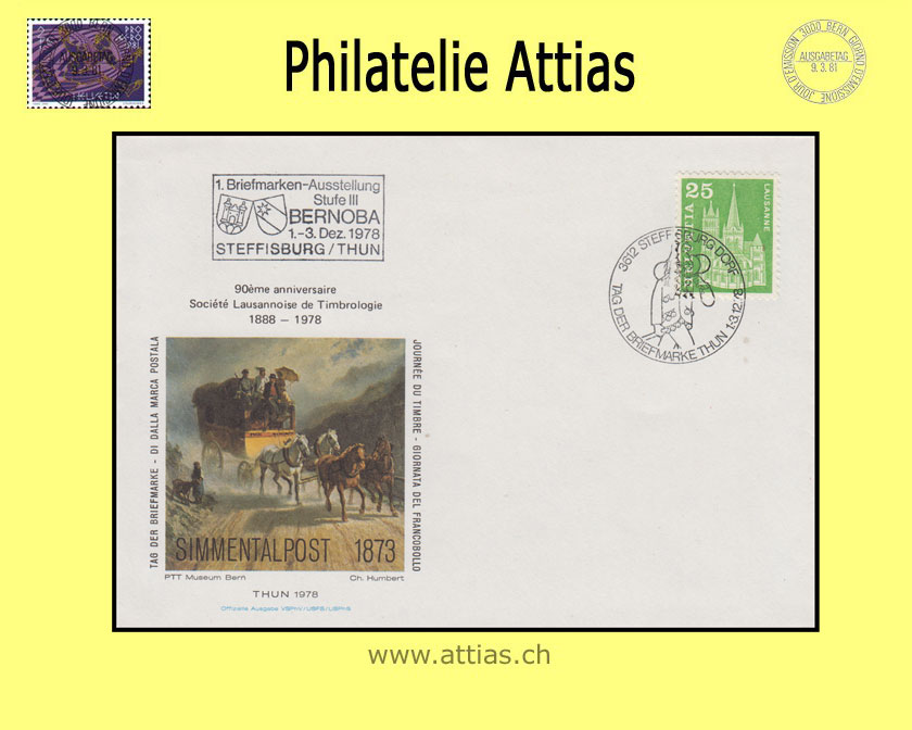CH 1978 Stamp Day Thun BE, cover cancelled 1.-3.12.78 3612 Steffisburg Dorf, imprint 90 Y.Phil. Lausanne