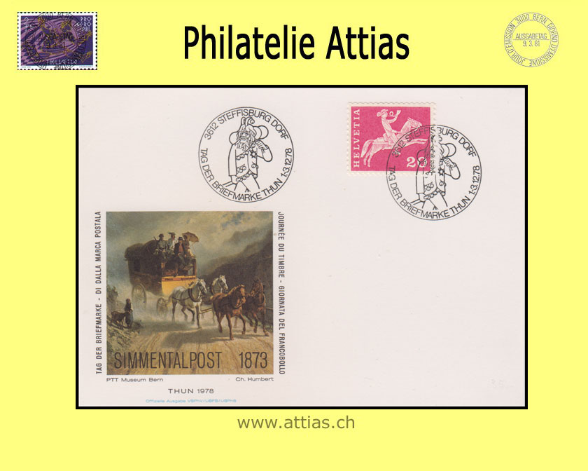 CH 1978 Stamp Day Thun BE, card cancelled 1.-3.12.78 3612 Steffisburg Dorf without add-on cancellation