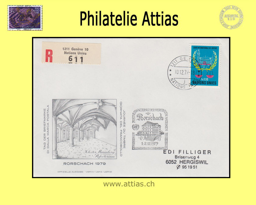 CH 1979 Stamp Day Rorschach SG, cover cancelled 10.12.79 1211 Geneve Nations Unies (UNO Geneva CH)