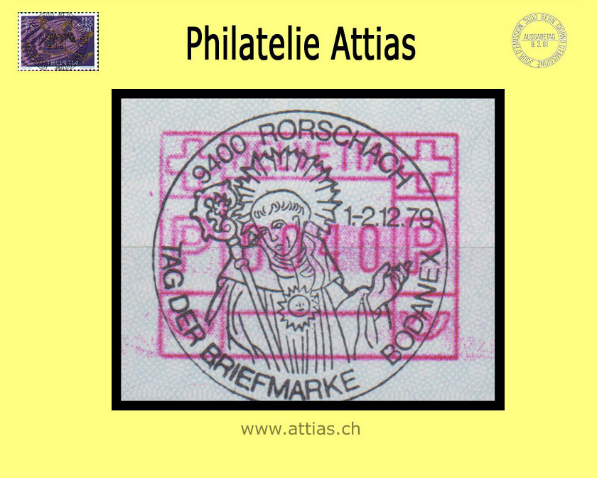 CH 1979 TdB Rorschach SG, Sonderstempel Tag der Briefmarke 1979 auf Automaten-Marke (ATM)
