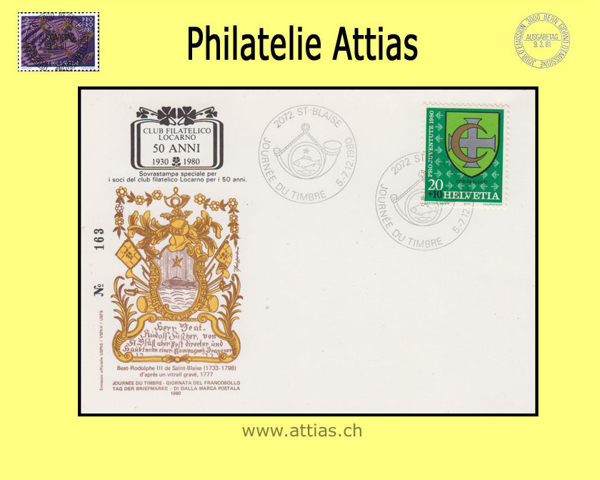 CH 1980 Stamp Day St-Blaise NE, card with imprint Locarno cancelled 5-7.12.1980 2072 St-Blaise