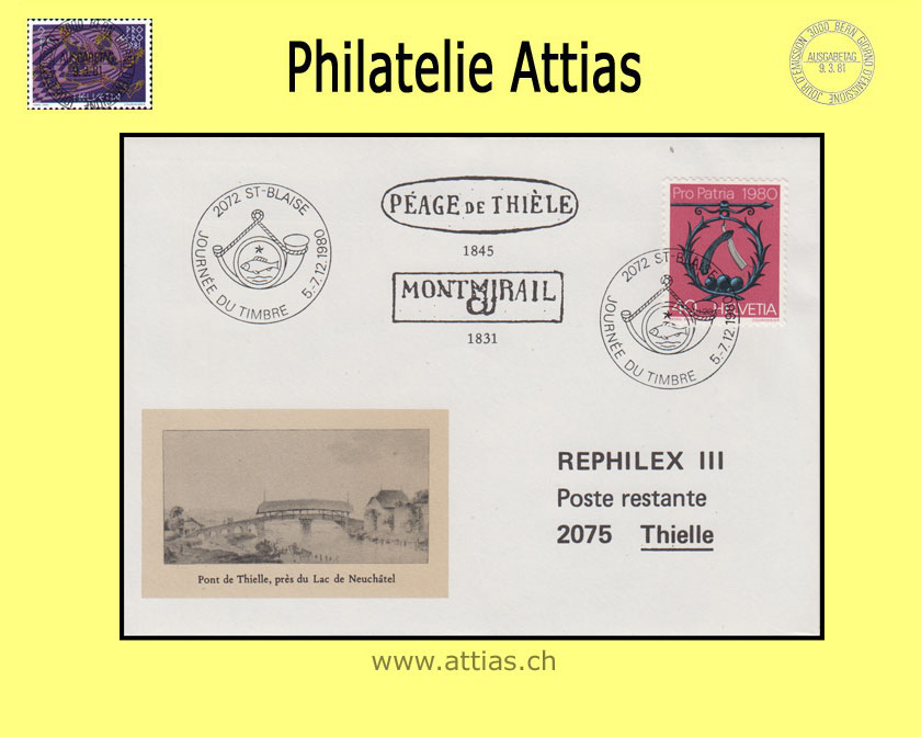 CH 1980 Stamp Day St-Blaise NE, society-cover Pont de Thielle cancelled 5-7.12.1980 2072 St-Blaise