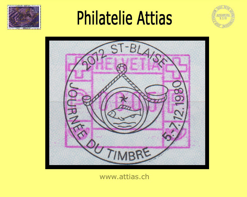 CH 1980 Stamp Day St-Blaise NE, Special cancellation Journée du Timbre 1980 on Frama stamp (ATM)
