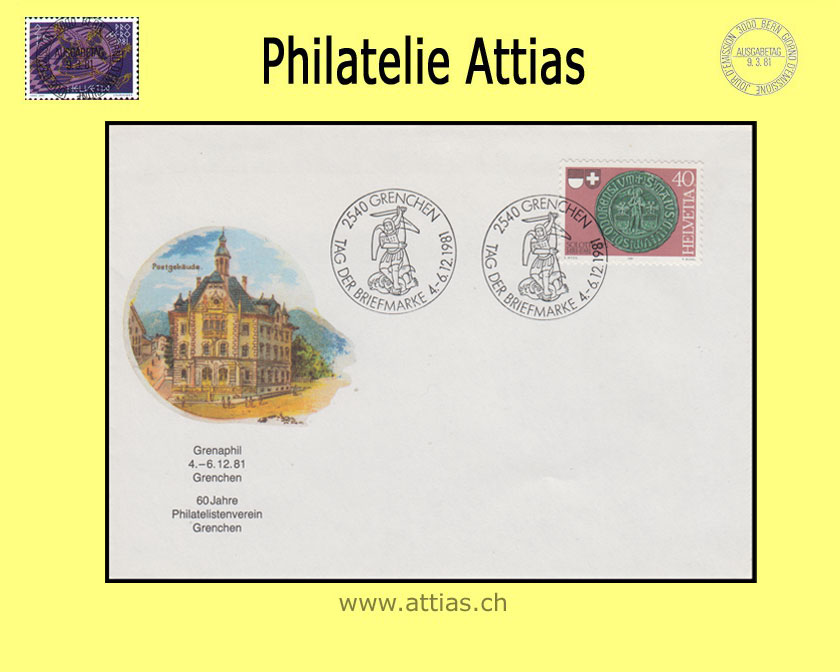 CH 1981 Stamp Day Grenchen SO, society-cover cancelled 4.-6.12.1981 2540 Grenchen, Grenaphil / post office