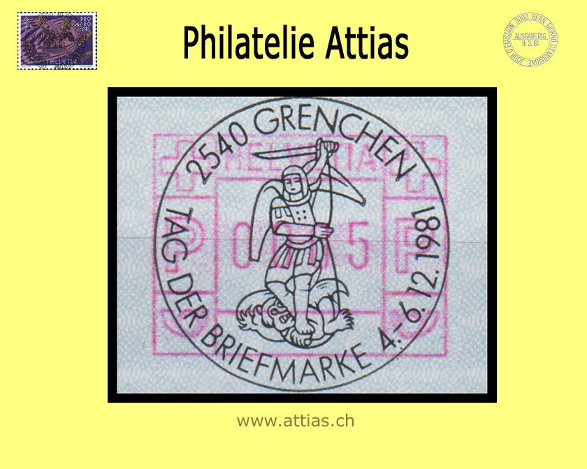 CH 1981 Stamp Day Grenchen SO, Special cancellation Tag der Briefmarke 1981 on Frama stamp (ATM)